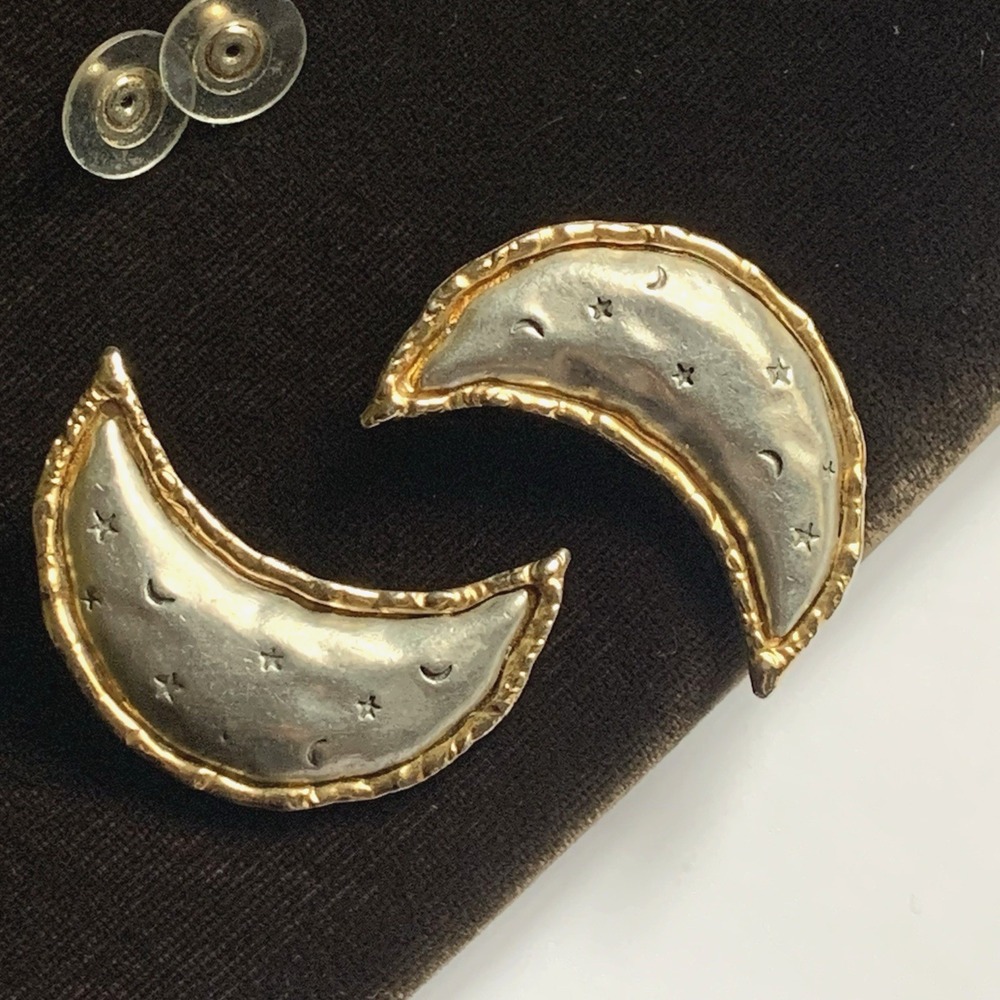 Large Vintage JJ Jonette Jewelry Two-Tone Crescent Moon Celestial Earrings